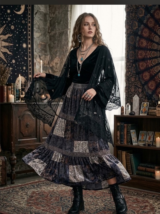 Vintage Dresses & Skirts - 25. Vintage Boho Patchwork
Crushed Velvet Tiered
Maxi Skirt size s